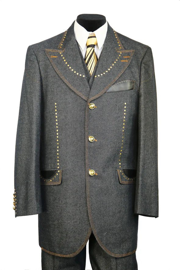 3 Piece Cotton Denim Suit with Vest