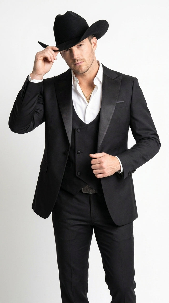 Men’s Black Western Tuxedo Suit with Satin Shawl Lapel, Double Breasted Vest Formal Cowboy Suit