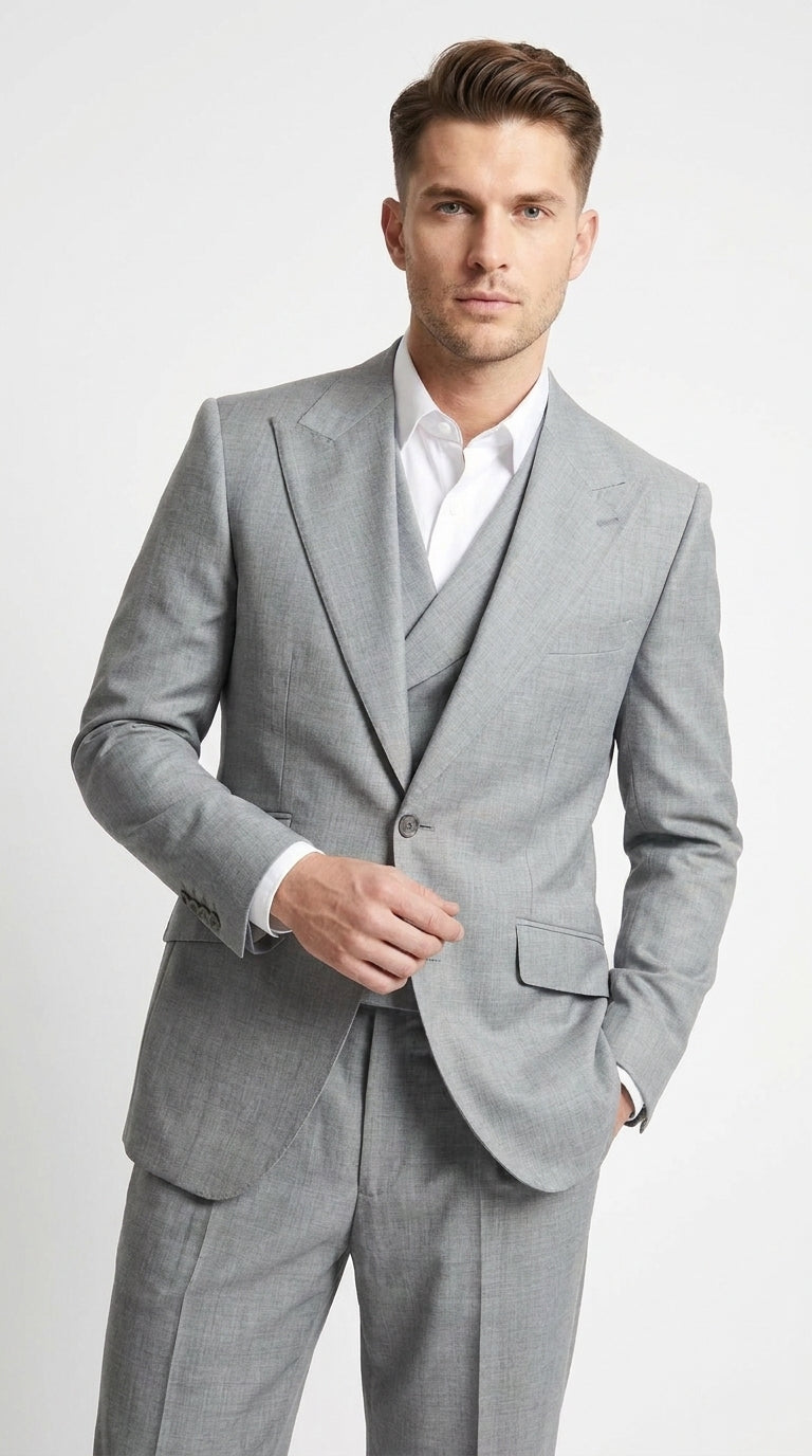 Men’s Grey Classic Fit 3-Piece Suit – Double-Breasted Vest with Pleated Pants for Atheltic Fit Real Super 150's Wool, Business and Formal Events