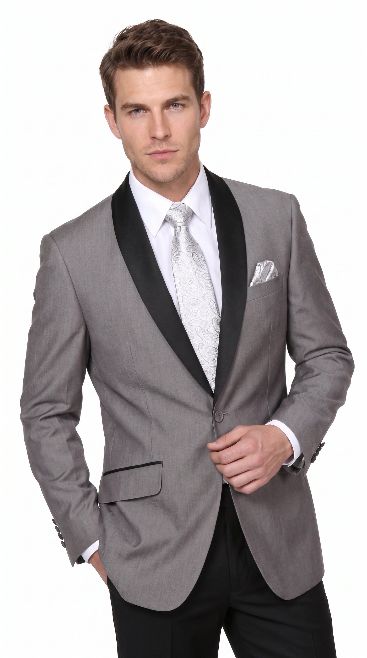 Men’s Grey Tuxedo Jacket with Black Shawl Lapel, 1 Button Formal Wedding Prom Blazer
