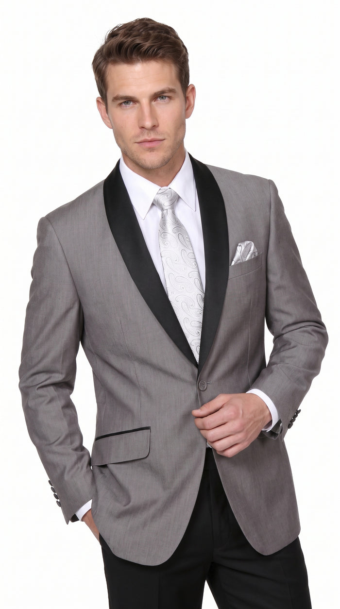 Men’s Grey Tuxedo Jacket with Black Shawl Lapel, 1 Button Formal Wedding Prom Blazer