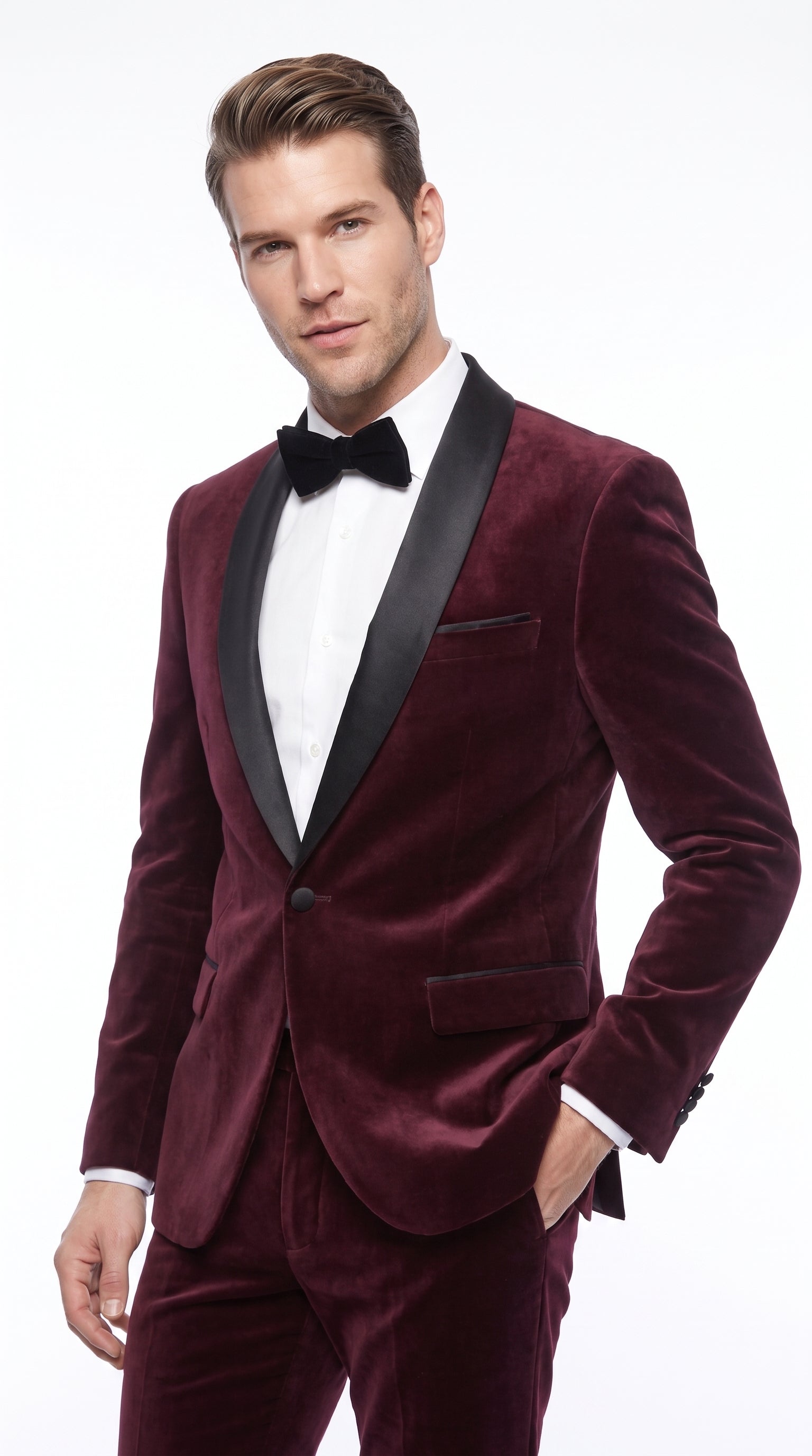 Men’s Maroon and Black Tuxedo Suit, 1 Button Burgundy Shawl Lapel Formal Wedding Prom Suit