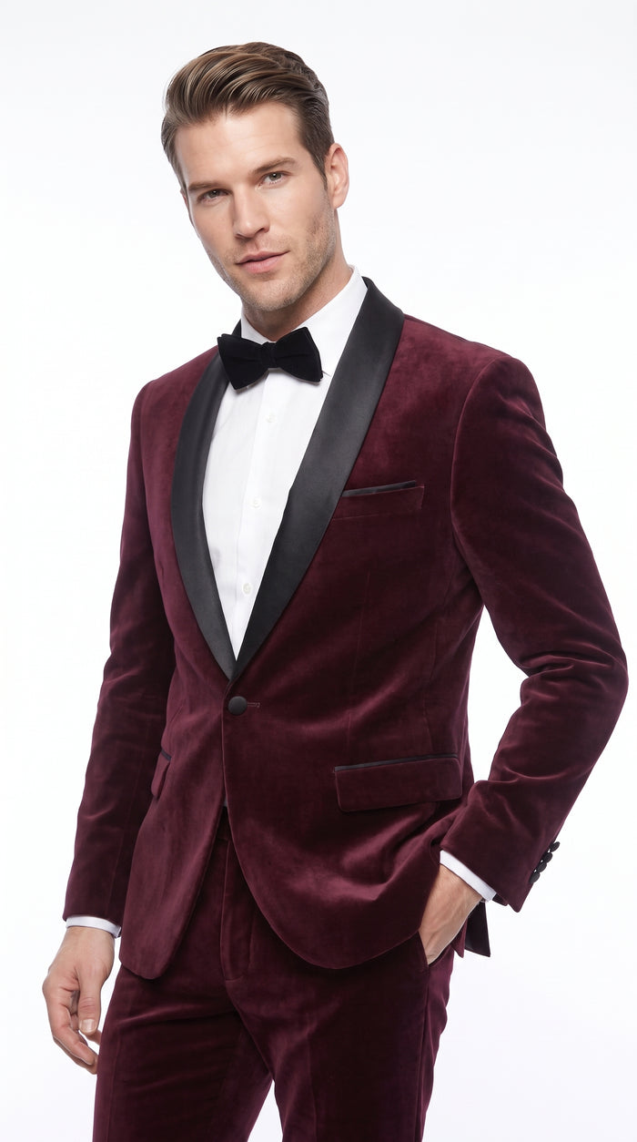Men’s Maroon and Black Tuxedo Suit, 1 Button Burgundy Shawl Lapel Formal Wedding Prom Suit
