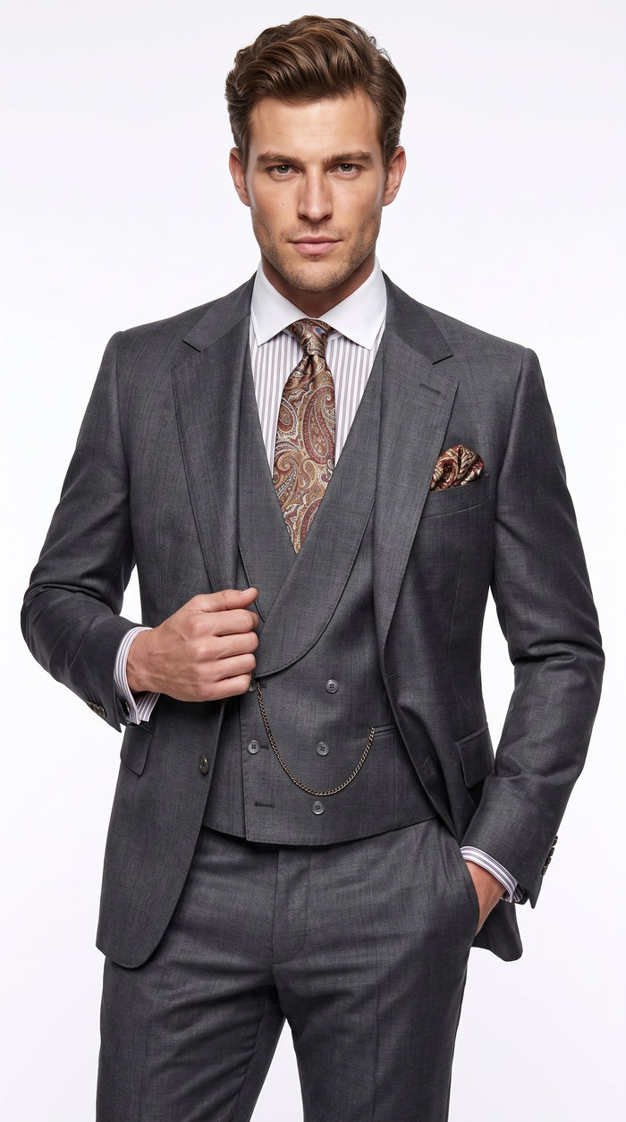 Men’s Gray Peak Lapel Suit with Double Breasted Vest, Single Button Formal Wedding Dress Suit