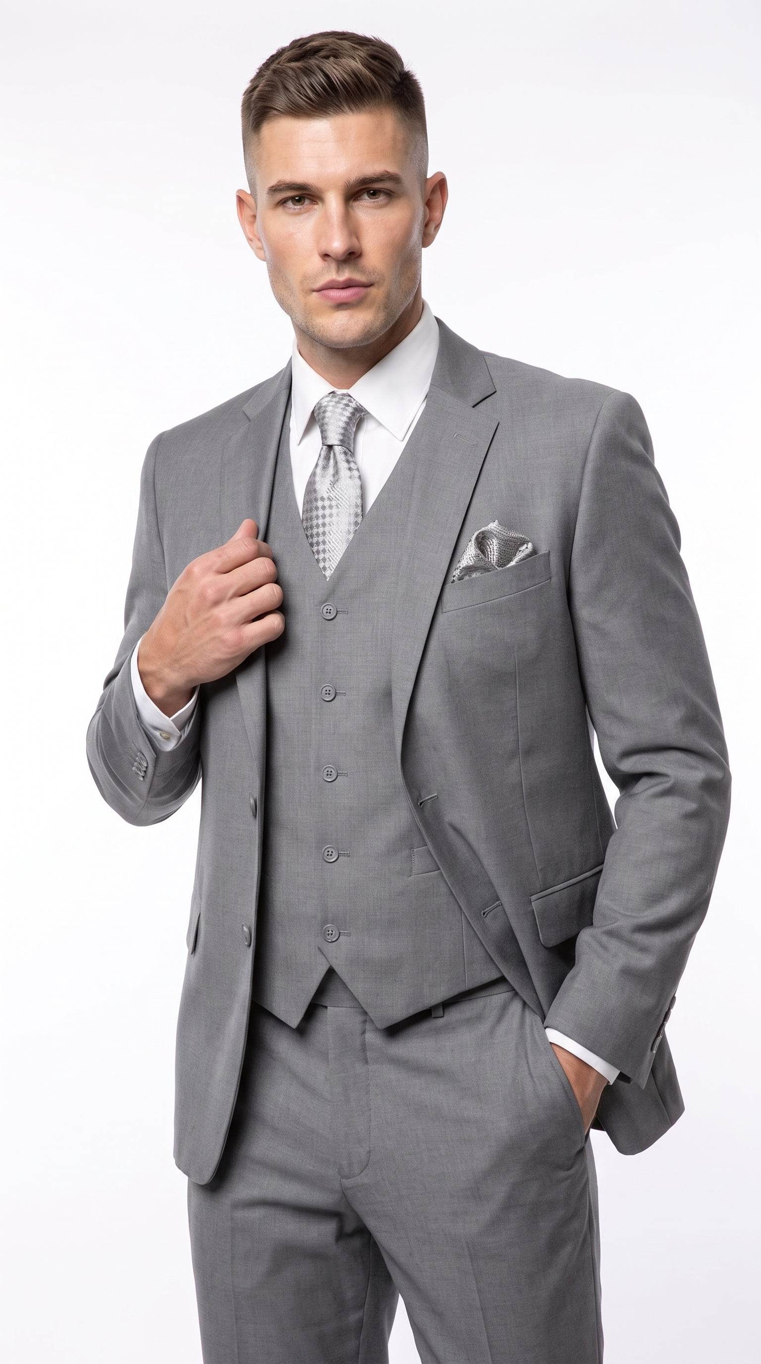 Men’s Light Grey Classic Vested Suit, 3 Piece Formal Wedding Business Dress Suit