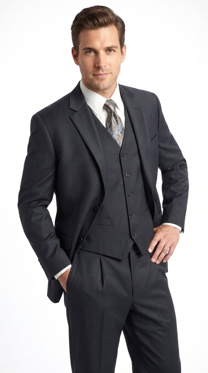 Men’s Charcoal 3 Piece Super 150s Italian Fabric Suit, 2 Button Classic Formal Dress Suit