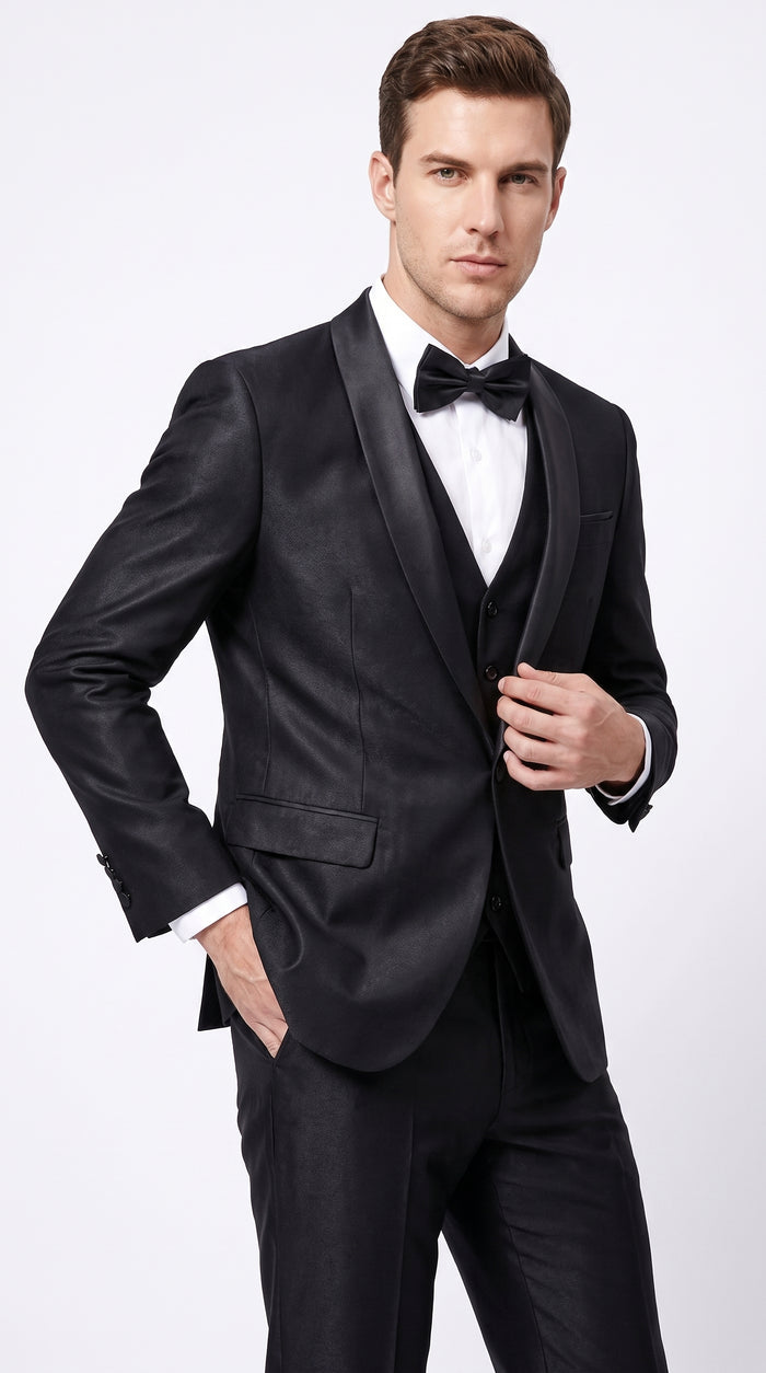 Men’s Black Sharkskin Vested Tuxedo, 1 Button Shawl Lapel Formal Wedding Prom Suit