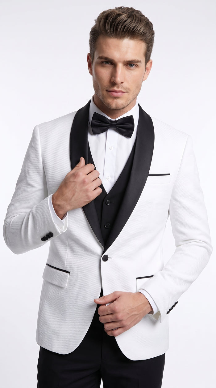 Men’s White Sharkskin Shawl Lapel Tuxedo, Black Trim Formal Wedding Prom Suit