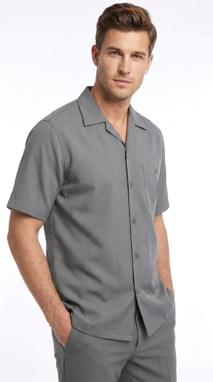 Men’s Grey Big and Tall Walking Suit, Short Sleeve Casual Shirt and Pants Set up to 6XL
