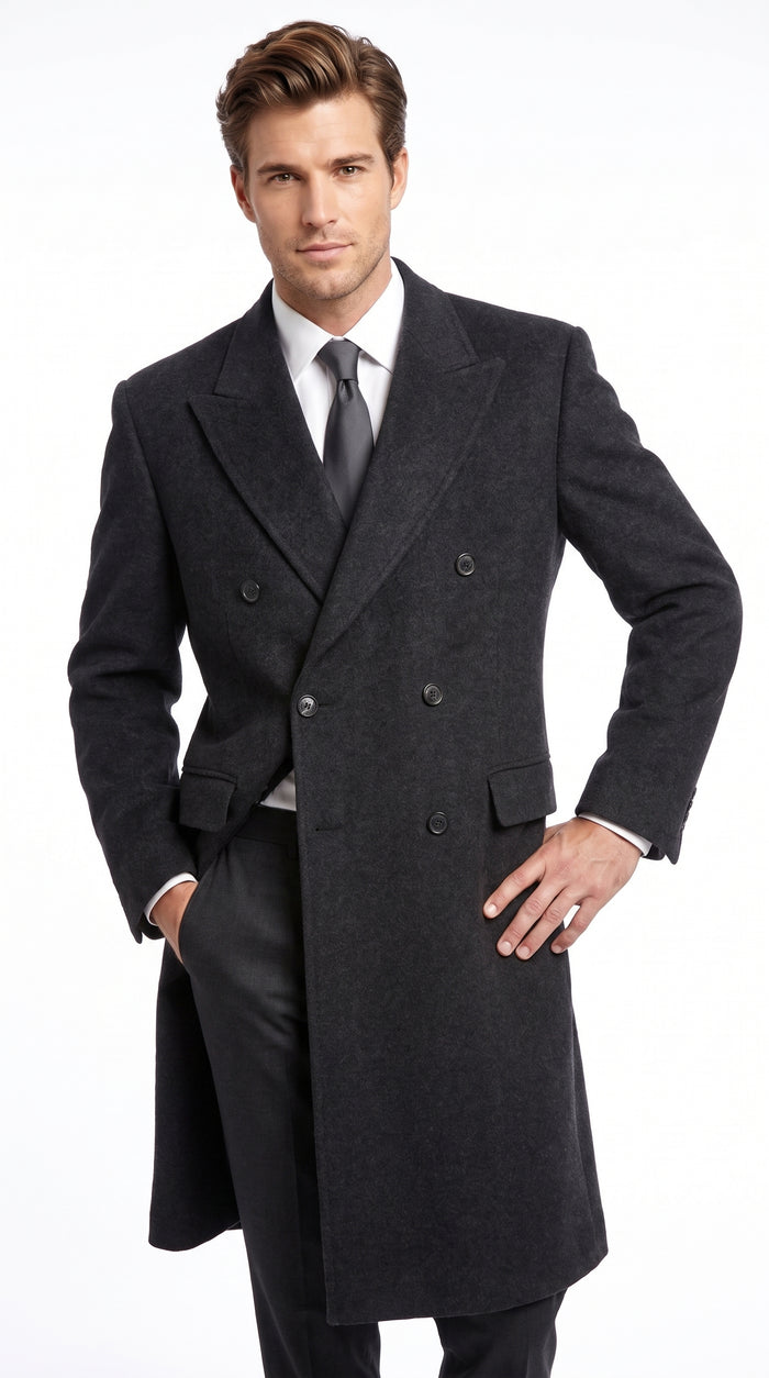 Alberto Nardoni Men’s Black Double Breasted Wool Blend Long Overcoat, Fully Lined Formal Dress Coat