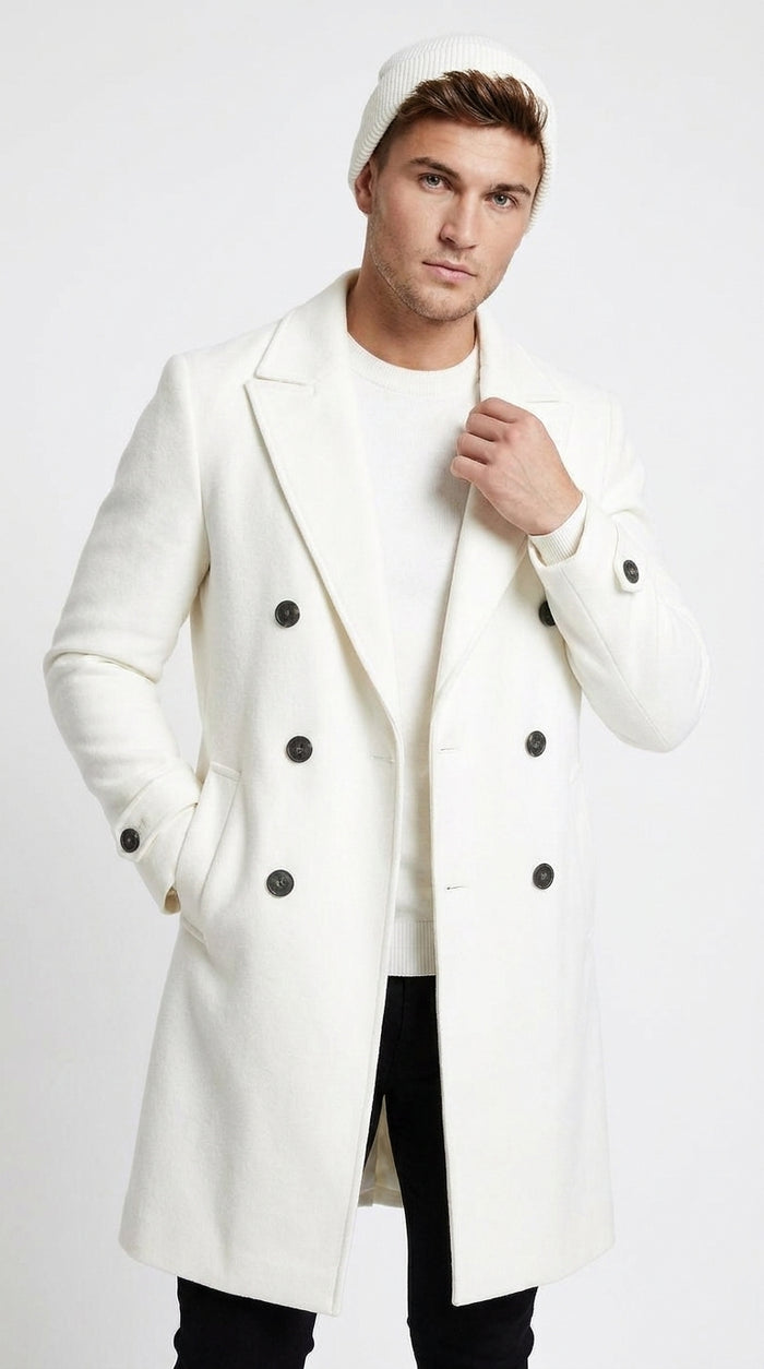 Men’s White Cashmere and Wool Double-Breasted Overcoat – Classic Car Coat for Business and Formal Wear