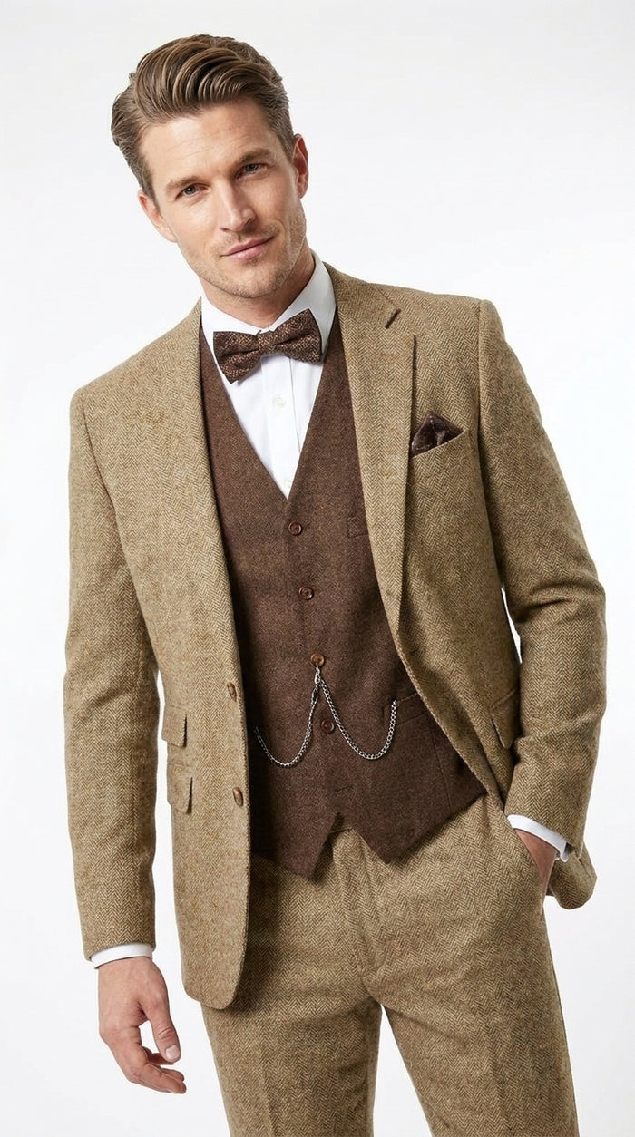 Men’s Great Gatsby 3-Piece Suit – Tobey Maguire Inspired 1920s Vintage Wedding Costume in Tan