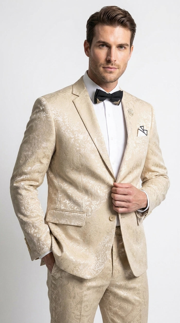 Men’s Champagne Paisley 2 Piece Prom Tuxedo, Formal Wedding Dinner Jacket Suit