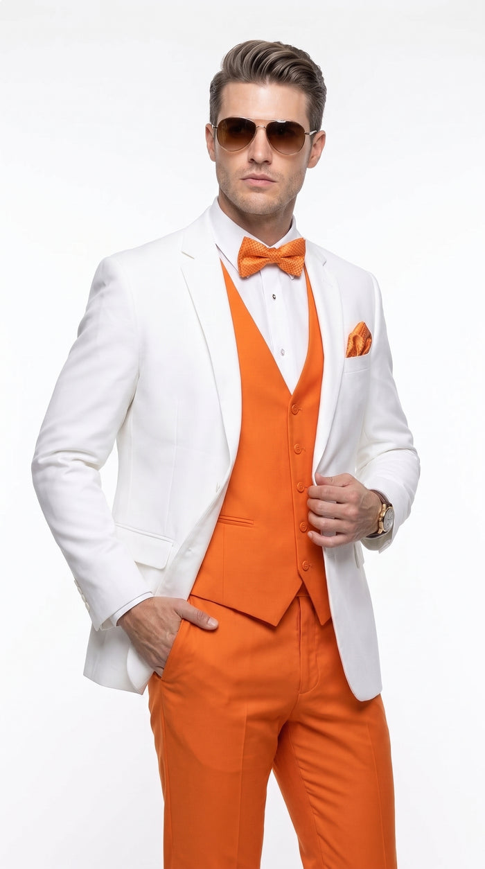 Men’s White and Orange Tuxedo Wedding Suit Set, Formal Prom Groom Dinner Suit