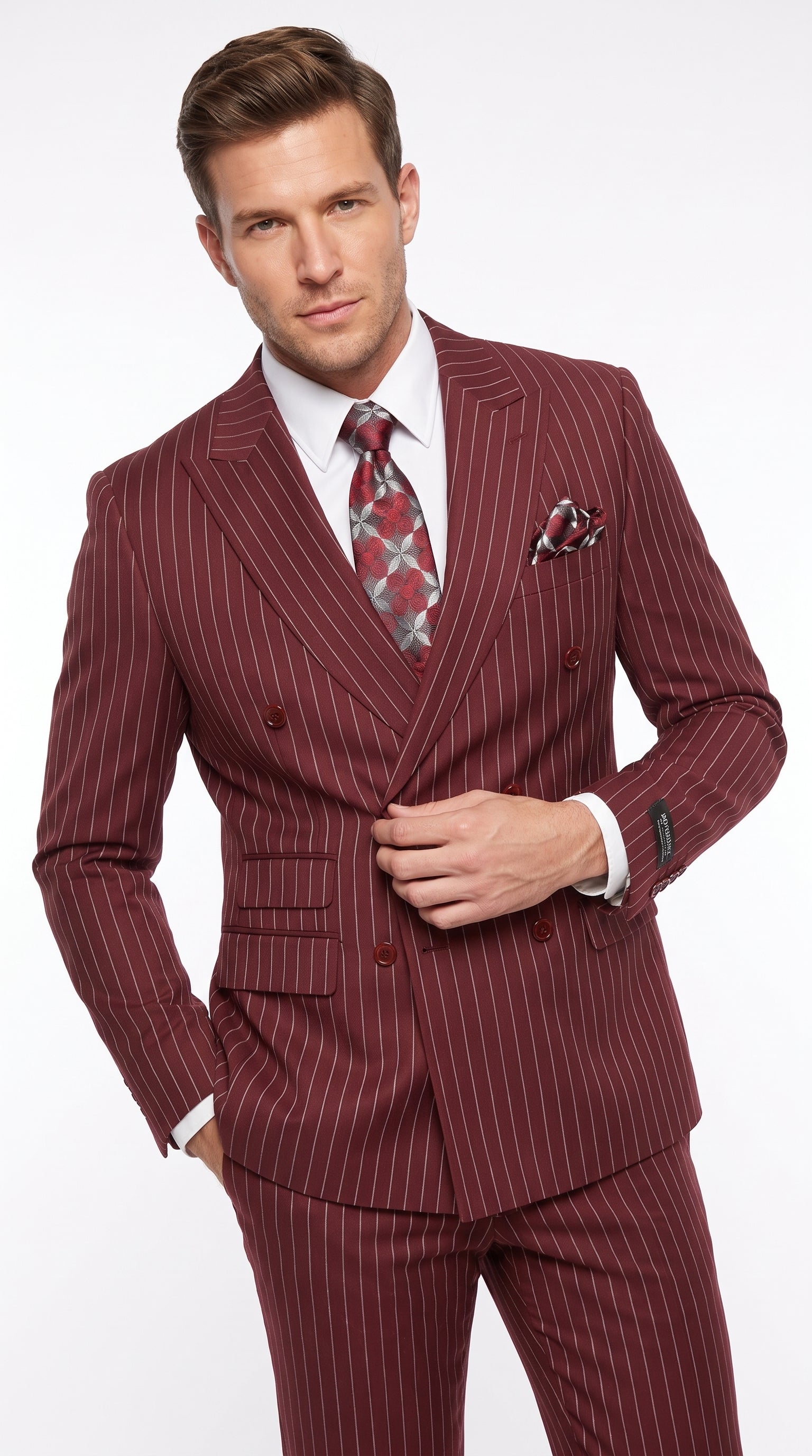 Men’s Maroon Pinstripe Double Breasted Suit, 6 Button Peak Lapel Formal Wedding Business Suit