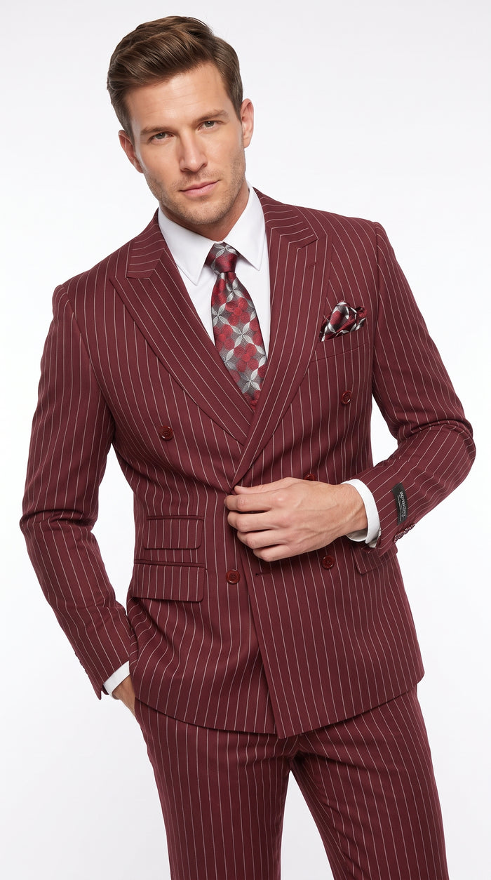 Men’s Maroon Pinstripe Double Breasted Suit, 6 Button Peak Lapel Formal Wedding Business Suit