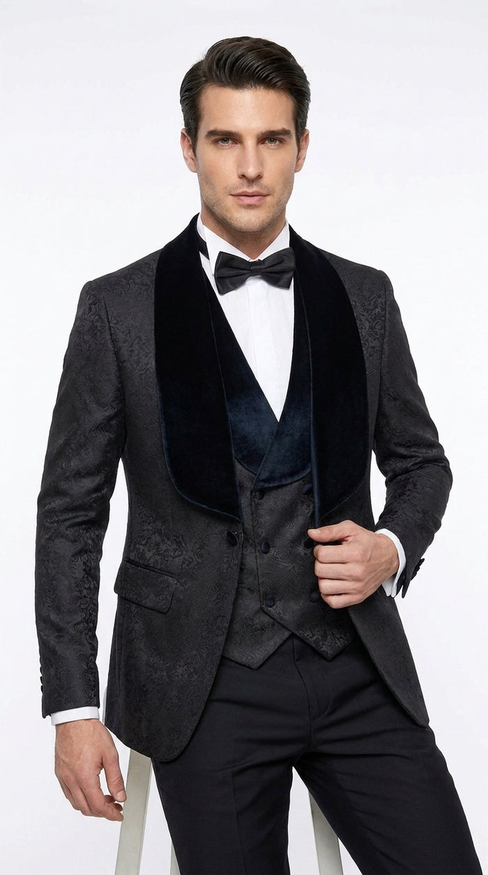 Men’s Black Designer 3-Piece Wedding Tuxedo – Wide Velvet Shawl Lapel Vested Formal Suit