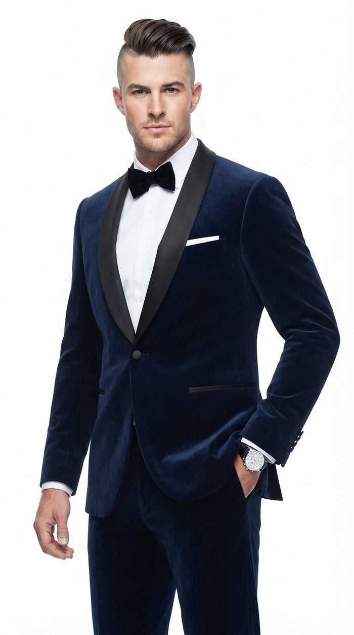 Men’s 007 James Bond Navy Wool Tuxedo – Black Satin Shawl Lapel Wedding and Formal Suit