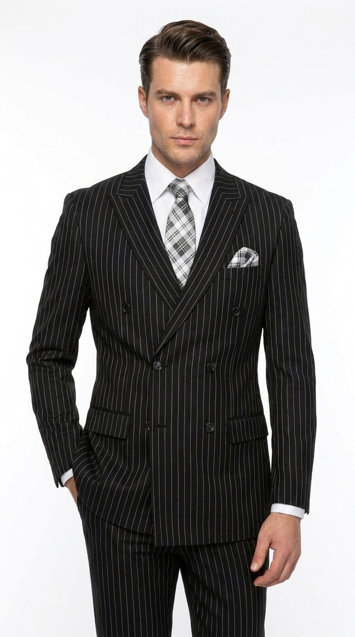 Men’s Black Bold Pinstripe Double-Breasted Wool Suit – Designer Gangster Wedding and Formal Suit