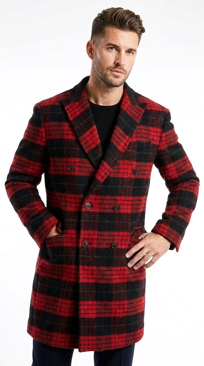 Men’s Red and Black Plaid Double-Breasted Overcoat – Wool-Blend Peacoat and Winter Topcoat