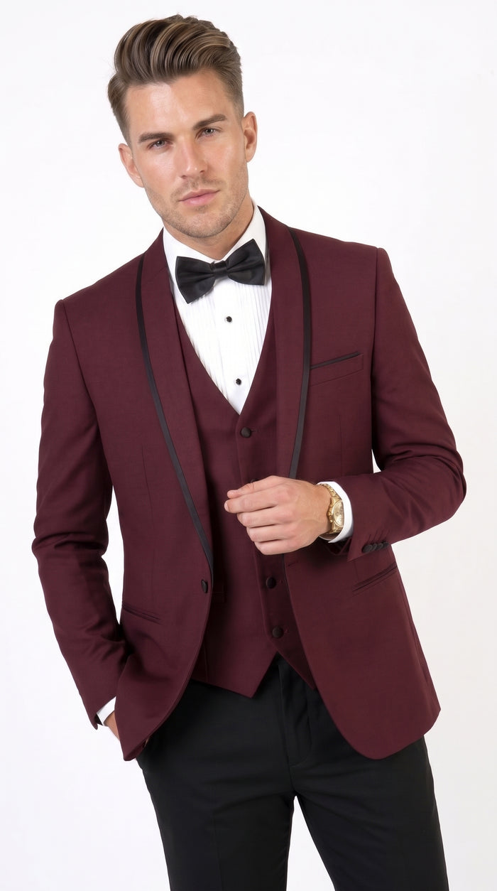 Men’s Burgundy and Black Wool Shawl Lapel Tuxedo Set – Formal Wedding Prom Dinner Suit