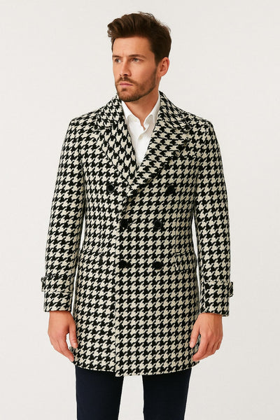 Men’s Houndstooth Wool Peacoat Slim Fit