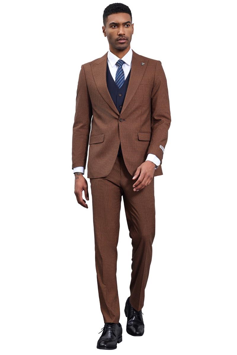 Stacy Adams Cognac/Navy Peak Lapel Vested Suit