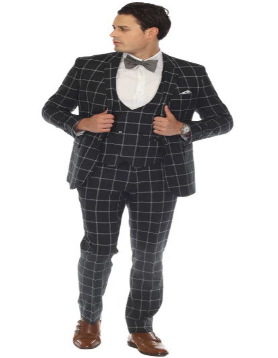 Hunter Green Mens Windowpane Plaid Suit with Vest
