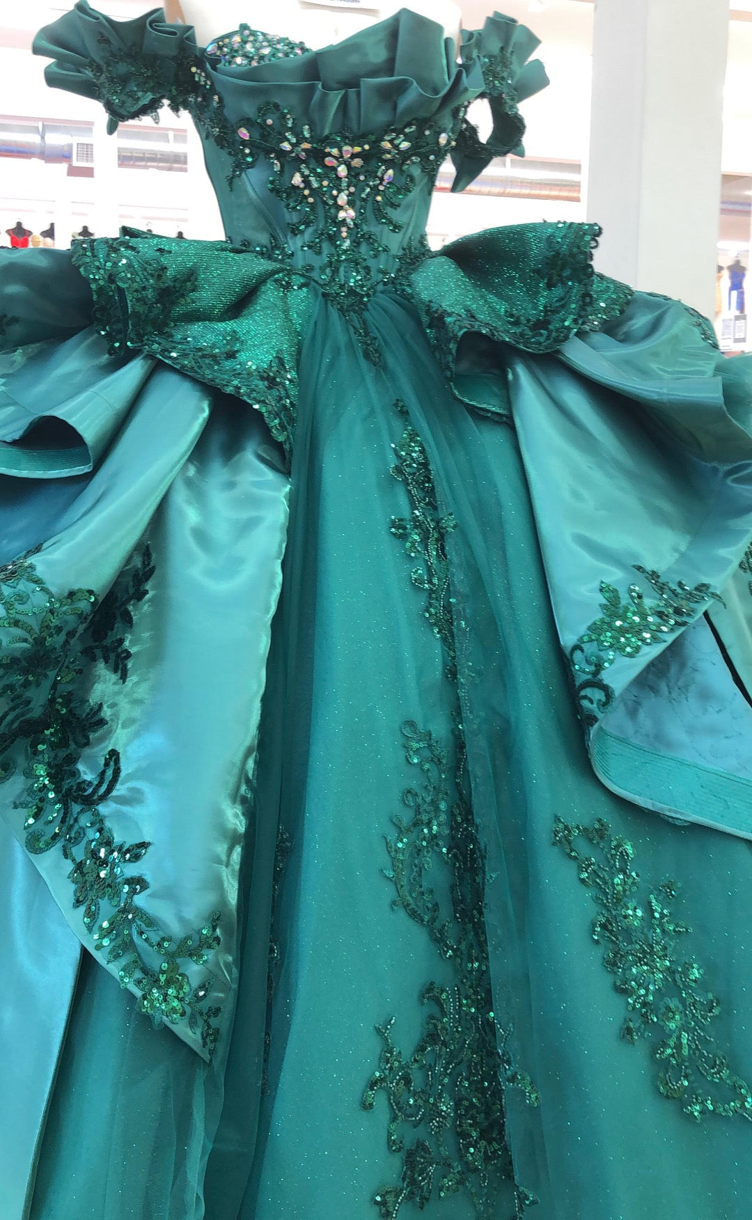 Off-Shoulder Crystal Beaded Corset Organza Ruffle Ball Gown Quinceañera Dress by Layla K LK307