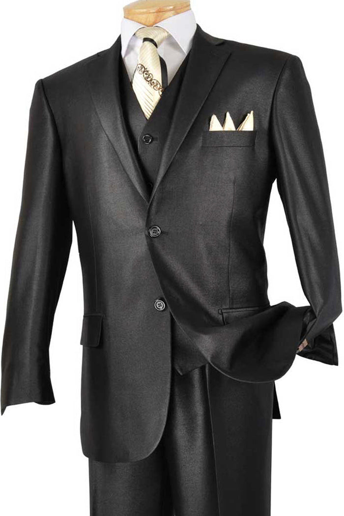 Classic Black Sharkskin Vested Suit for Men