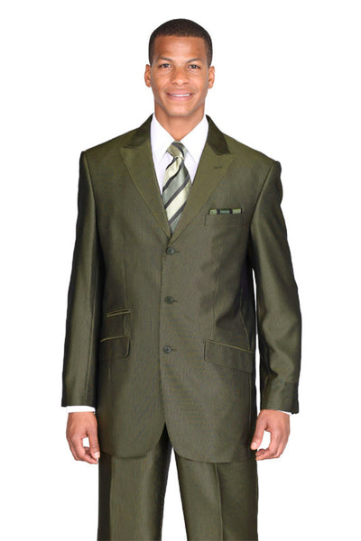 Classic 3 Button Olive Sharkskin Suit