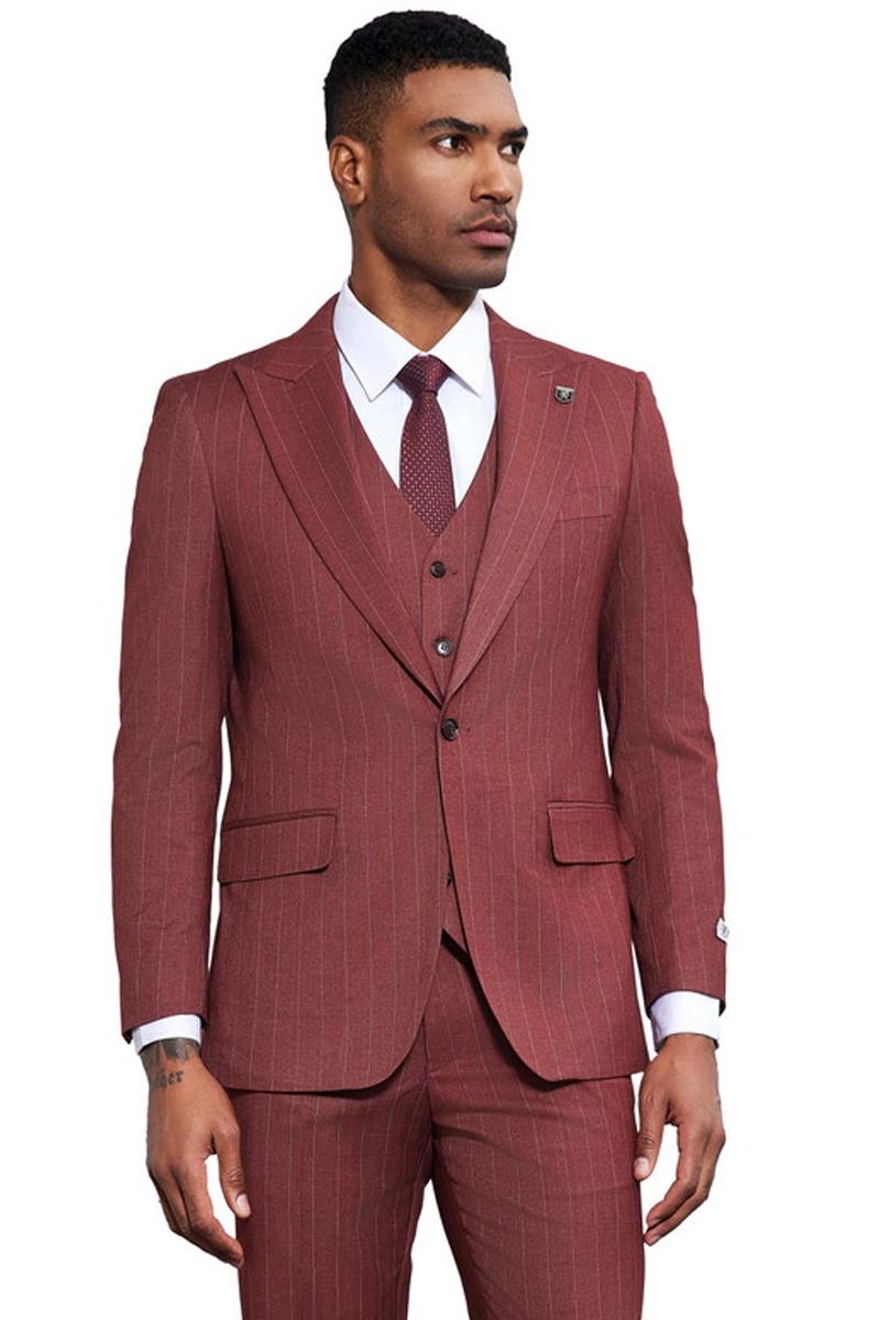 Stacy Adams Burgundy Pinstripe Vested Suit