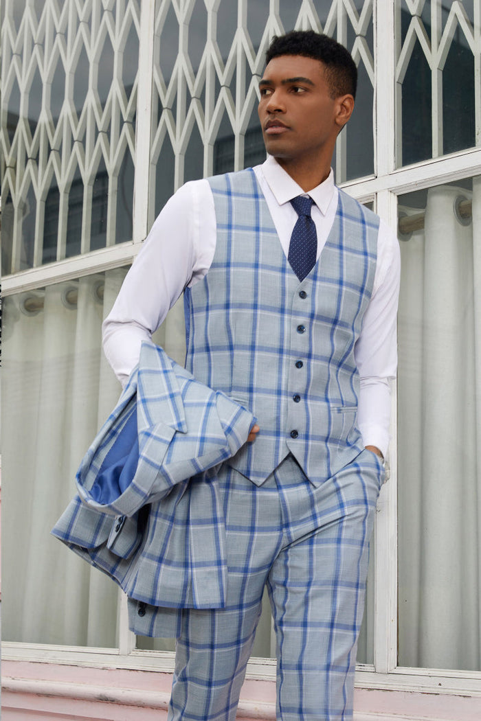 Stacy Adams Blue Windowpane Vested Peak Lapel Suit