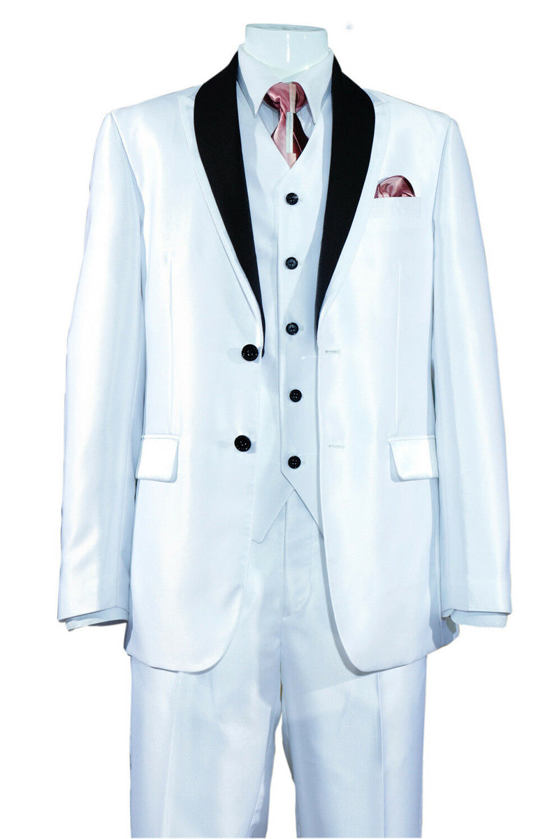 Contrast Peak Lapel Sharkskin Tuxedo Suit - White