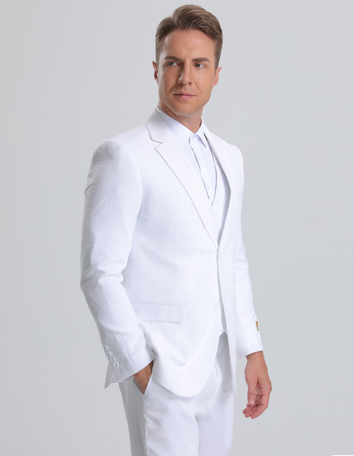 White Pinstripe Seersucker Jacket + Pants Suit for Men