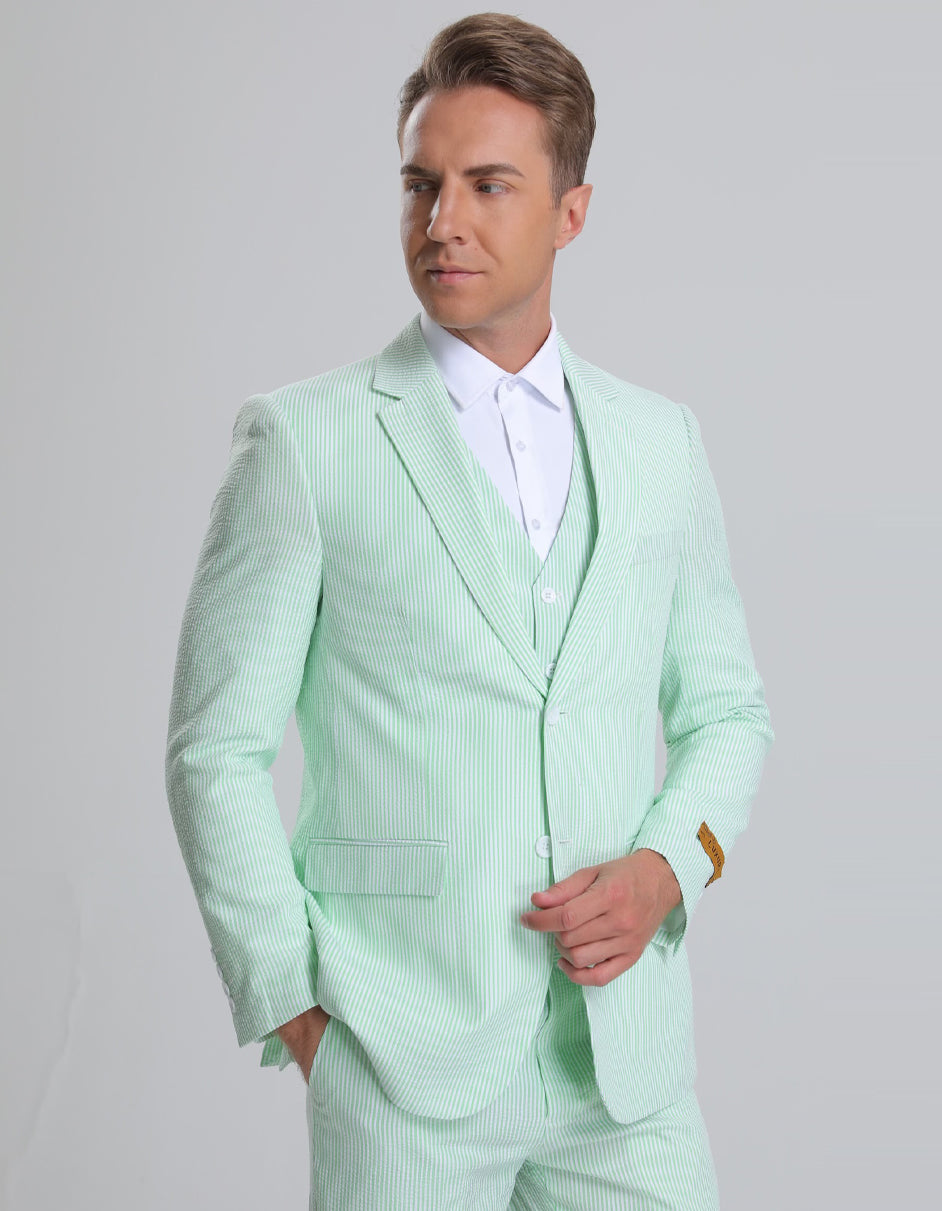 Men’s Green Pinstripe Seersucker Suit with Vest