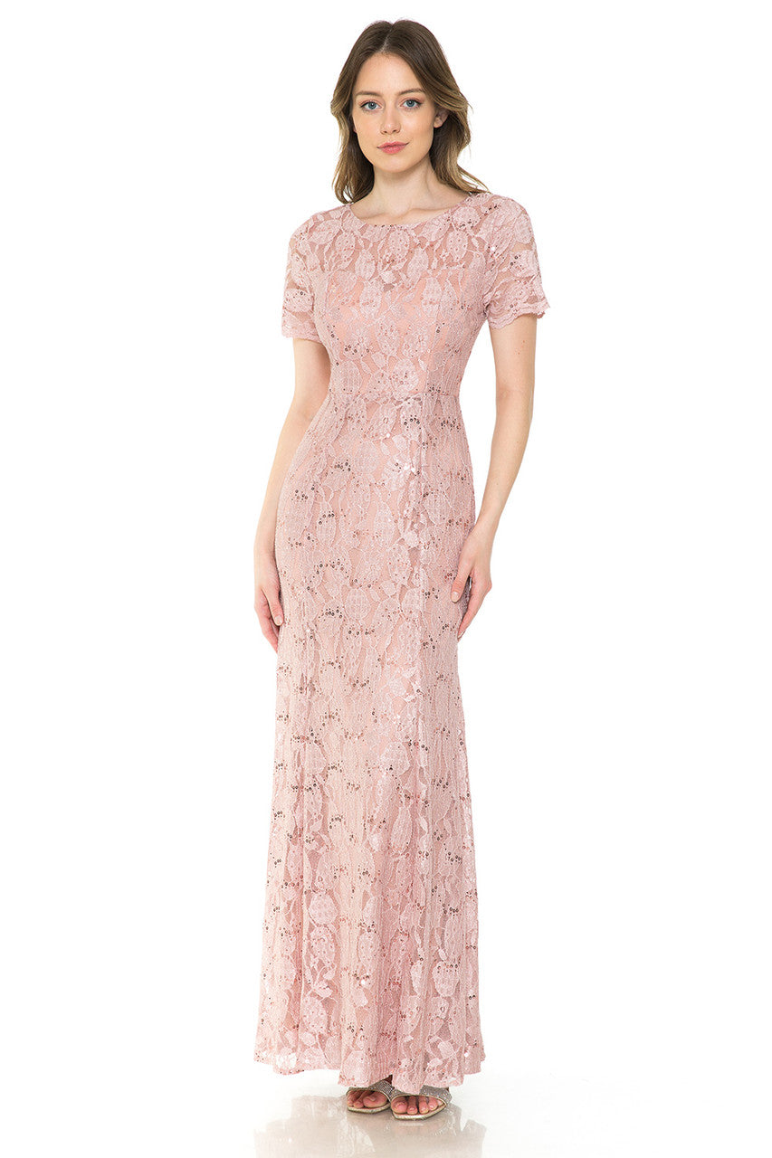 Lenovia 5241 Sequin Lace Illusion Short Sleeve Dress with Fitted Silhouette