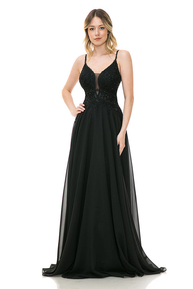 Embroidered A-Line Gown with Sheer V-Neck and Beaded Bodice Sleeveless Formal Prom Dress By Lenovia 8185