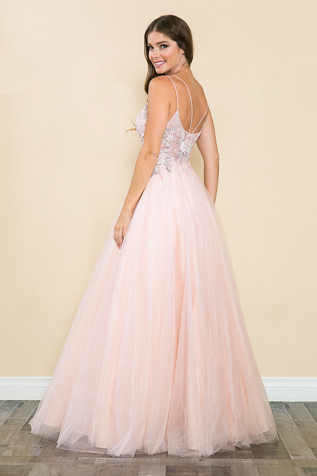 Glitter Tulle A-Line Gown with Floral Lace Appliqué Bodice and Double Spaghetti Straps Prom Dress By Lenovia 8182