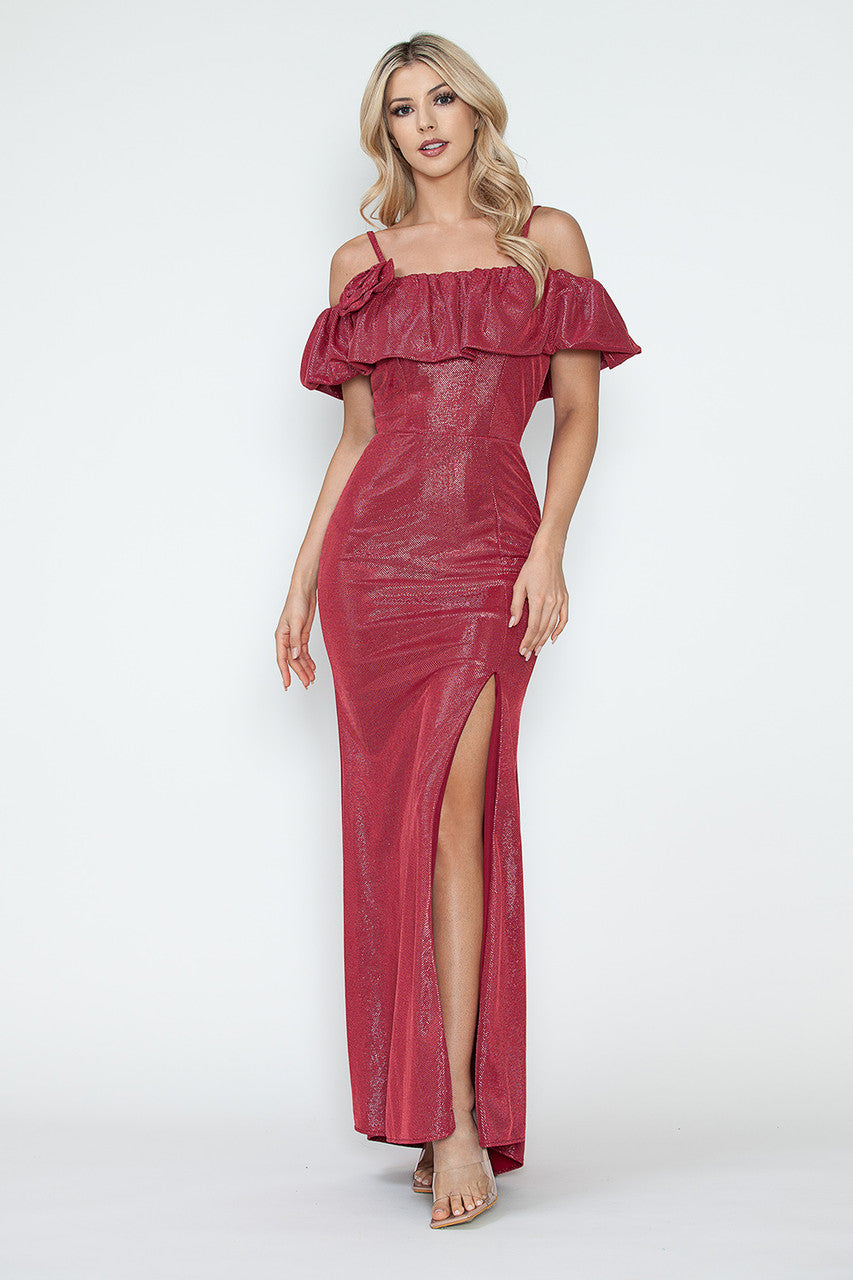 Ruffle Off-Shoulder Metallic Gown with Spaghetti Straps and Side Slit Formal Evening Dress By Lenovia 5316