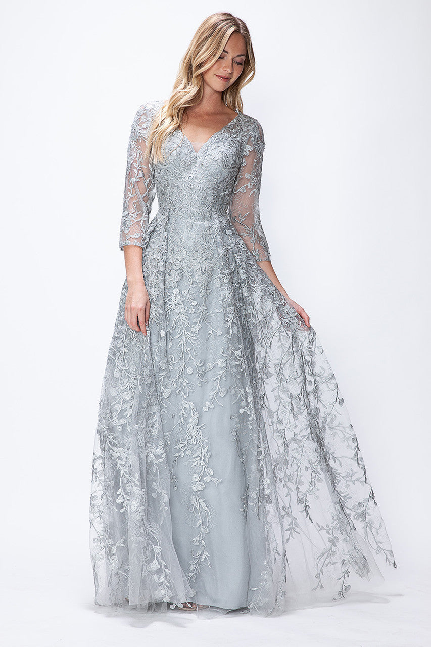 Embroidered A-Line Mother of the Bride Gown with Sheer 3/4 Sleeves By Lenovia 8356