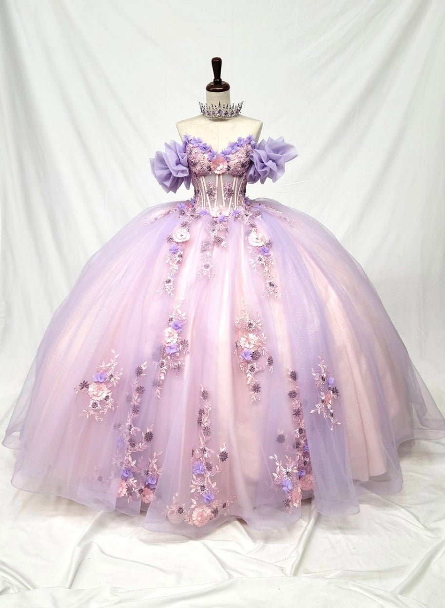 Chicas HF3127 Modern Printed Blush BallDress Floral Floor-Length Tulle Dress