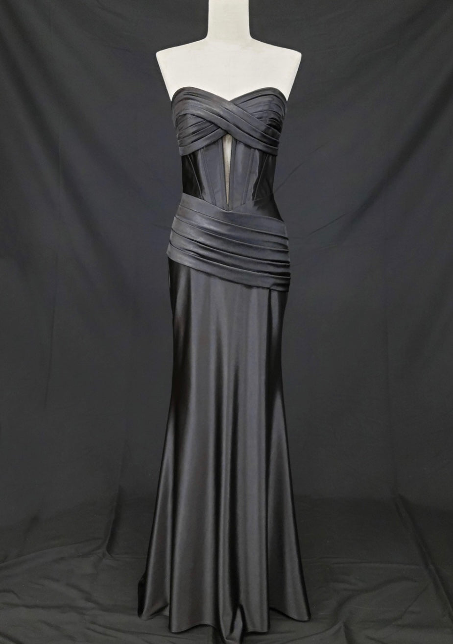 Chicas C373 Evening Black Strapless Floor-Length Pleated Satin Dress
