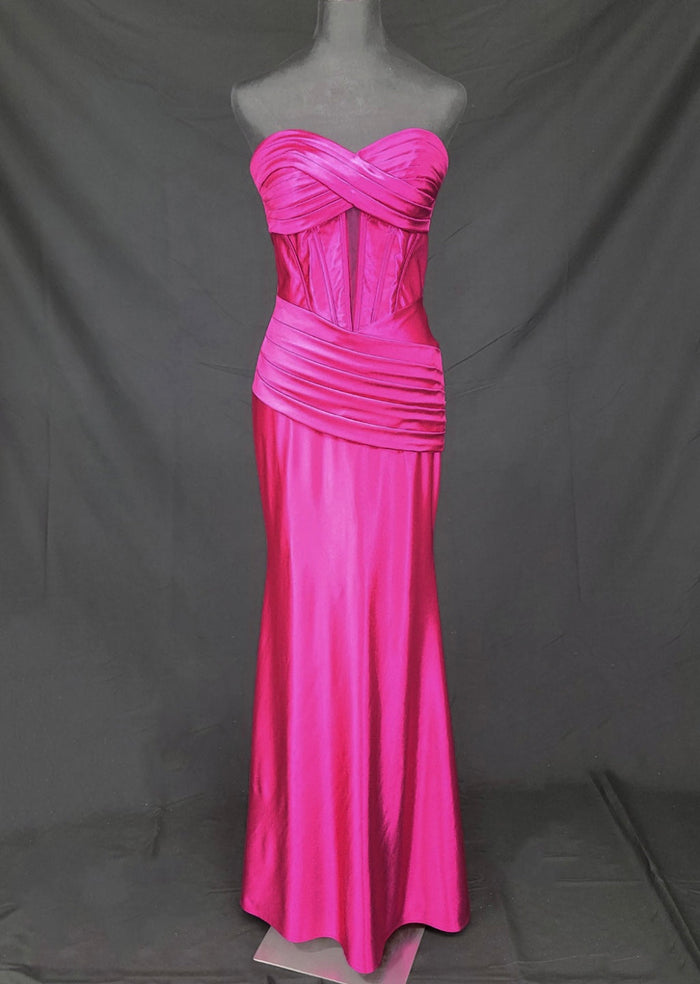 Chicas C373 Evening Black Strapless Floor-Length Pleated Satin Dress
