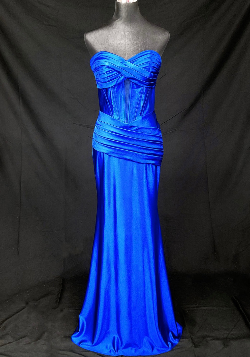 Chicas C373 Evening Black Strapless Floor-Length Pleated Satin Dress