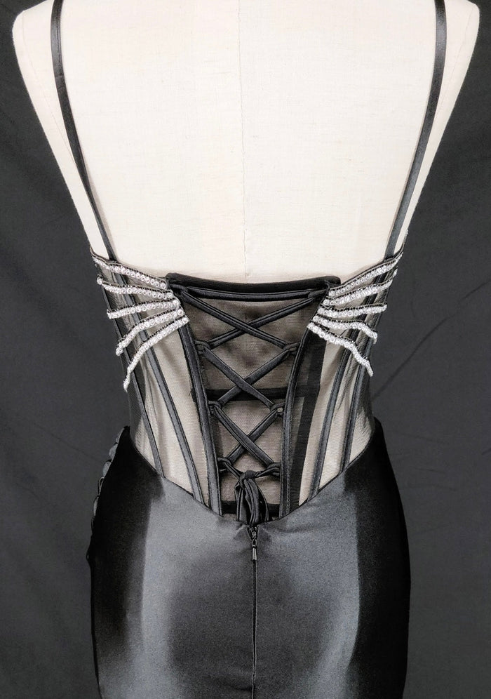 Chicas C374 Evening Black Spaghetti-Strap Floor-Length Corset Beaded Satin Dress