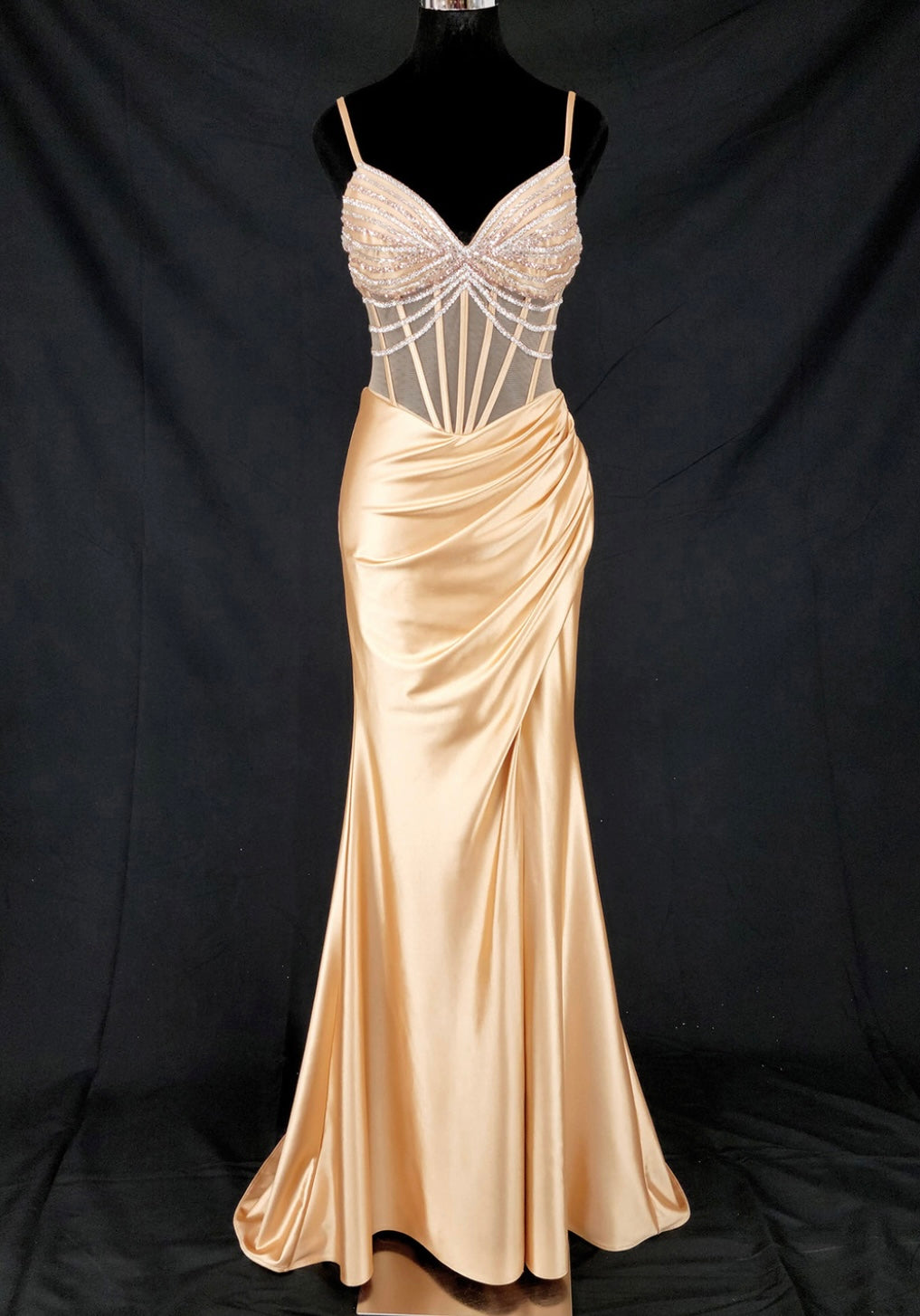 Chicas C374 Evening Black Spaghetti-Strap Floor-Length Corset Beaded Satin Dress