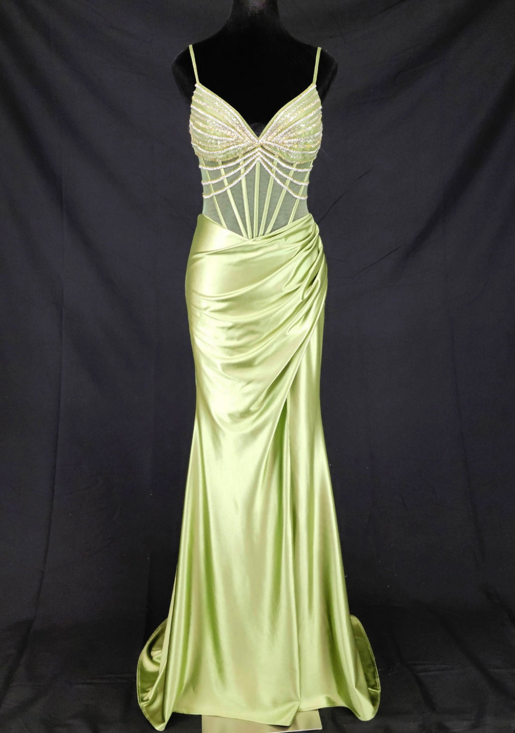 Chicas C374 Evening Black Spaghetti-Strap Floor-Length Corset Beaded Satin Dress