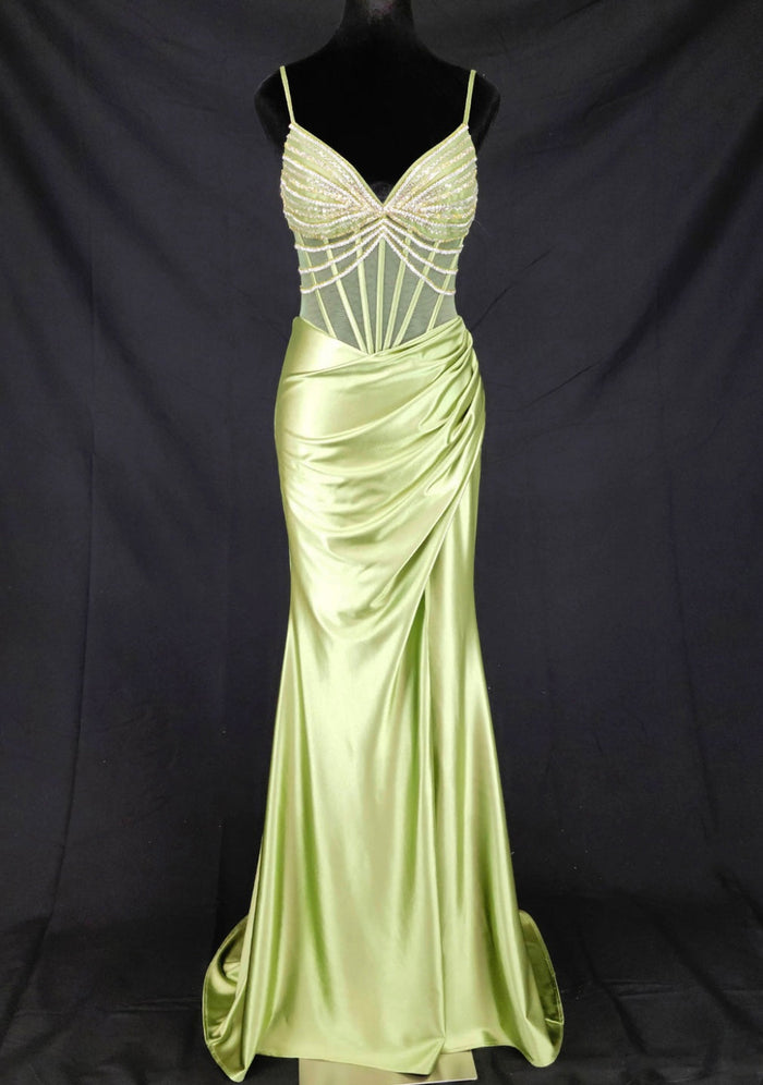 Chicas C374 Evening Black Spaghetti-Strap Floor-Length Corset Beaded Satin Dress