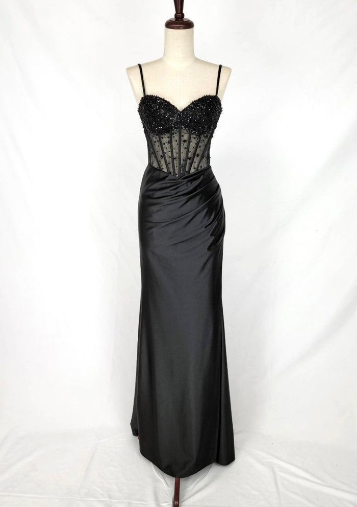 Chicas C361 Elegant Evening Black Spaghetti-Strap Floor-Length Corset Satin Dress